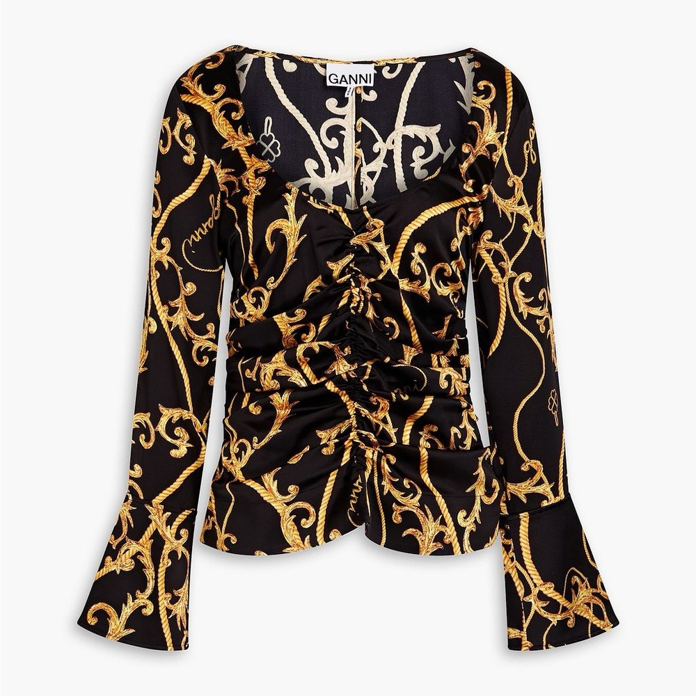 BNWT Ganni Black and Gold Silk Blouse